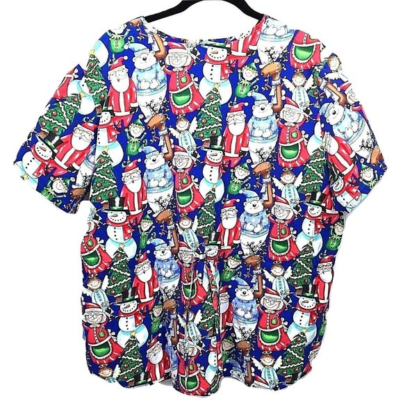 Santa Mrs Claus Scrub Top Christmas Elves Trees Reindeer Holiday Fun - Picture 2 of 6